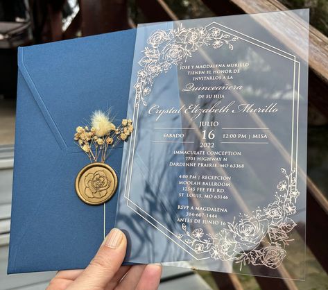 Blue Quince Invitations, Debut Invitation Ideas, Debut Birthday, Navy Blue Envelope, Plexiglass Invitations, Invitation Rose Gold, Debut Invitation, Debut Ideas, Quince Invitations