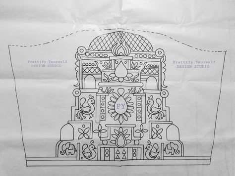 Gopuram style blouse design sheet Aari Work Temple Design, Temple Design Aari Work, Temple Design Aari Work Blouse, Gopuram Design Aari Work, Temple Aari Work Design, Pallaku Design In Aari Tracing, Temple Design Blouse Work, Blouse Sketch Design, Gopuram Drawing