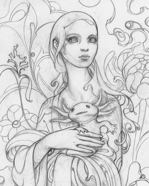 James Jean shared a post on Instagram: “Lady with Axolotl #wip” • Follow their account to see 2,522 posts. Faerie Aesthetic, Handpoke Tattoo, Mother Art, James Jean, Art Fantasy, Animated Drawings, Yellow Painting, Ink Illustrations, Elementary Art