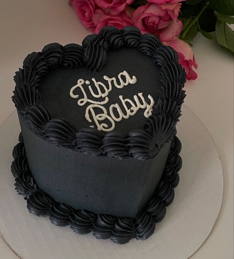 Libra black heart cake 🖤 Heart Cake Libra Szn, Heart Shaped Libra Cake, Black Libra Cake, Birthday Cake Libra Zodiac, Zodiac Heart Cake, Libra Birthday Cake Ideas, Trendy Bday Cake, Black Heart Shaped Birthday Cake, Black Aesthetic Birthday Cake