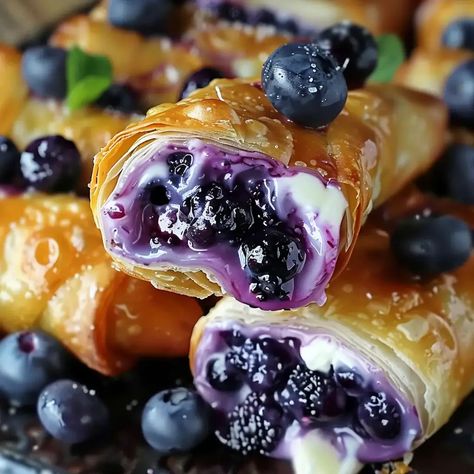 Blueberry Cream Cheese Egg Rolls Blueberry Cream Cheese Egg Rolls Recipes, Cream Cheese Egg Rolls, Cheese Egg Rolls, Egg Rolls Recipe, Blueberry Filling, Awesome Desserts, Fruit Sauce, Cheesecake Dip, Egg Roll Recipes