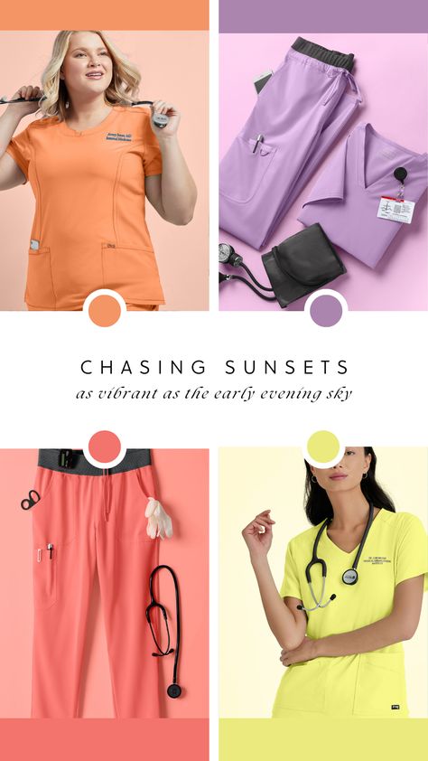 Scrubs Medical, Pink Orange Purple, Nursing Scrubs, Chasing Sunsets, Uniform Advantage, Bright Fashion, Medical Uniforms, Purple And Yellow, Scrubs Nursing