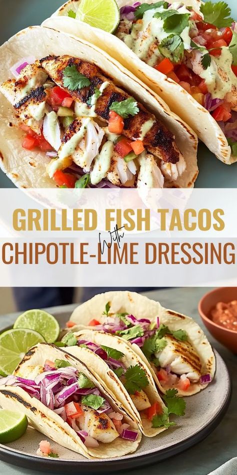 Take taco night to the next level with these Grilled Fish Tacos topped with a smoky Chipotle Lime Dressing. Ingredients: 4 fish fillets (such as cod, tilapia, or mahi-mahi) 2 tablespoons olive oil 1 tablespoon chili powder 1 teaspoon ground cumin 1/2 teaspoon smoked paprika Salt and pepper to taste 8 small flour tortillas 1/2 cup shredded cabbage 1/4 cup fresh cilantro, chopped 1/2 red onion, thinly sliced 1 avocado, sliced 1 lime, cut into wedges Grilled Mahi Mahi Recipes, Chipotle Lime Dressing, Mahi Recipes, Easy Delicious Dinner Recipes, Grilled Mahi Mahi, Mahi Mahi Recipes, Grilled Fish Tacos, Grilled Taco, Shredded Cabbage