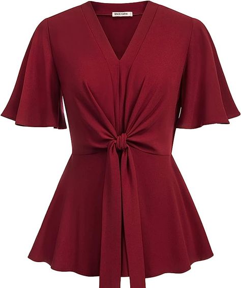 GRACE KARIN 2023 Women's Elegant Peplum Tops V Neck Tie Front Short Bell Sleeve Shirts Tops Blouse at Amazon Women’s Clothing store Sequin Peplum Top, Korean Blouse, Swing Design, Bell Sleeve Shirt, Peplum Tops, Fitted Blouses, Tops Blouse, Peplum Hem, Dressy Tops