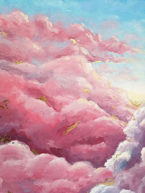 Cloud Painting Ideas, Acrylic Sunset Painting, Cloud Painting Acrylic, Skyscape Art, Painting Ideas Aesthetic, Painting With Gold, I Love Pink, Sky Art Painting, Modern Art Paintings Abstract