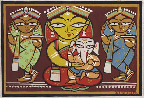 JAMINI ROY (1887-1972) | Untitled (Ganesh and Janani) | 20th Century, Drawings & Watercolors | Christie's Parvati And Ganesh, Ma Parvati, Diwali Painting, Jamini Roy, Bengali Art, Indian Arts And Crafts, Durga Painting, Kerala Mural Painting, Indian Art Gallery