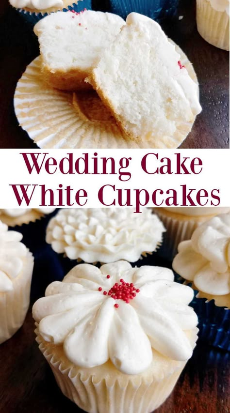 These cupcakes taste like wedding cake! They are easy to make because they start with a cake mix, but there are so many extras mixed in it tastes even better. They are soft and spongy and super delicious! I've made them for weddings, birthdays, parties and more! Wedding Cupcake Recipes, White Wedding Cupcakes, Homemade Cupcake Recipes, Wedding Cake White, Homemade Wedding Cake, Cake Mix Cupcakes, Boxed Cake Mixes Recipes, Cupcake Mix, Cake White