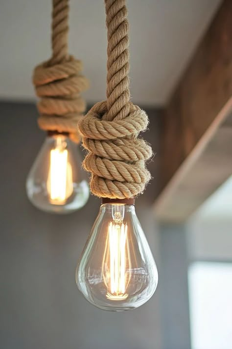 "Add rustic elegance to your home with a DIY Rope Pendant Light! 🧶💡 Perfect for creating a unique, handmade light fixture with a coastal or farmhouse feel. 🌟✨ #DIYLighting #RopeCrafts #PendantLight" Hanging Rope Lights, Gym Reception, Nature Restaurant, Rope Ceiling, Rope Light Fixture, Rope Pendant Lamps, Coastal Pendant Lighting, Rope Lighting, Photography Studio Design