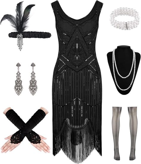 Amazon.com: WILDPARTY 1920S Women Flapper Dress V Neck Sequin Bead Fringed Dress Cocktail Dress with Roaring 20s Accessories(BlackSilver-2XL) : Clothing, Shoes & Jewelry 1920s Outfit Ideas Casual, Charlston Dresses Outfit, 1920s Inspired Outfit, Roaring 20s Party Dress, Outfit With Stockings, Fringe Dress Outfit, Roaring 20s Accessories, Flapper Dresses 1920s, 20s Accessories