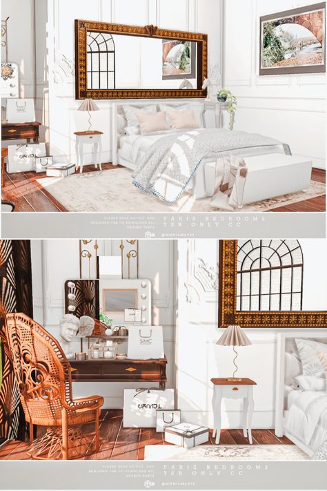 French accent Paris Bedroom in classic style in The Sims 4. Built of medium walls. This room is fully equipped. Custom Content was used. Download https://www.thesimsresource.com/downloads/ 1680910 www.thesimsresource.com - @thesimsresource @Moniamay72 #TS4 #ts4lots #tsr #TheSims #sims4 #thesims4 #Moniamay72 #thesims4lots #traditional #cc #sims4build #TheSimsResource #paris #french #apartment European Sims 4 Cc, French House Sims 4, Sims 4 Cc Parisian Furniture, Sims 4 Paris Cc, Parisian Furniture, Living Room Sims 4, European Bedroom, Sims Furniture, French Bathroom