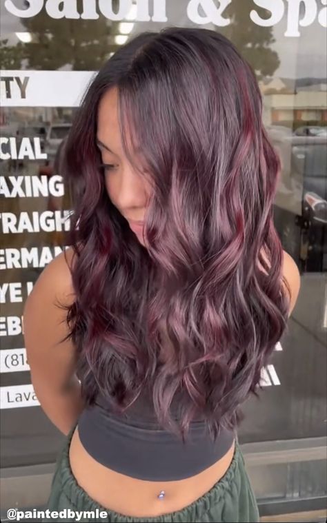 Magenta Balayage, Blackberry Hair Colour, Pelo Color Vino, Hair Color For Morena, Color Uva, Dark Ombre Hair, Hair Color Plum, Wine Hair, Peekaboo Hair