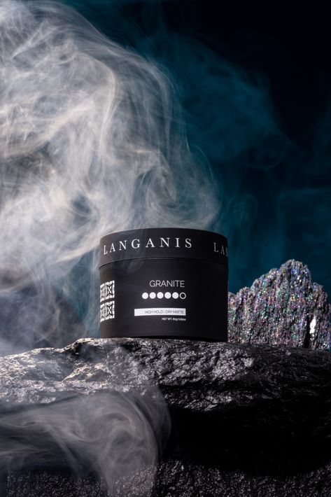 Dark and moody black product photography created for Langanis by creative agency in the Florence James Studio, Brisbane | Product Photography, Set Design, Set Styling, Beauty Brands, Still Life Shot, Skincare Brand, Product Photos, Creative Styling, Set Design, Lifestyle Photography, Models, Content Creation, Smoke Machine Effect, Dark Photography, Granite Black Product Photography, Dark Product Photography, Photography Set Design, Colourpop Lipstick, Digital Advertising Design, Product Photography Studio, Creative Styling, Foggy Mountains, Blue Perfume