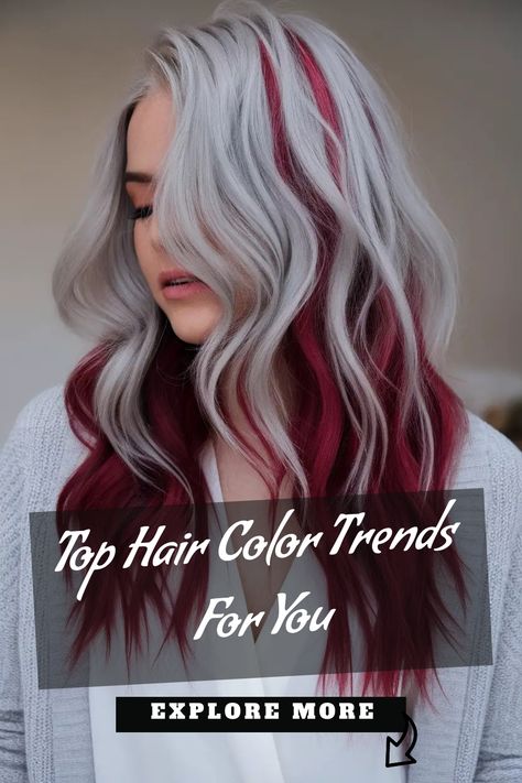 Looking to switch up your look? Check out the latest hair color trends for some inspiration! From warm caramel highlights to vibrant pastel hues, there's something for everyone. Whether you want to go bold with a neon shade or keep it natural with a balayage, these trending styles will have you feeling fresh and fabulous. Elevate your hairstyle game and captivate with a stunning new hair color this season. Embrace change and discover the perfect hue that complements your unique style. Red And Platinum Hair Highlights, Red Hair With Pops Of Color, Hair With Pops Of Color, Blonde Highlights On Grey Hair, Highlights On Grey Hair, Red And Platinum Hair, Red And Blonde Highlights, Warm Caramel Highlights, Latest Hair Color Trends