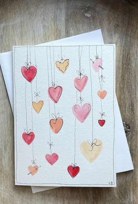 Watercolor Wedding Cards Diy, Diy Watercolor Cards Simple, Hand Drawn Cards Ideas, Valentine Watercolor Ideas, Valentines Watercolor Art, Watercolor Love Card, Homemade Watercolor Cards, Valentines Day Crafts For Adults, February Watercolor