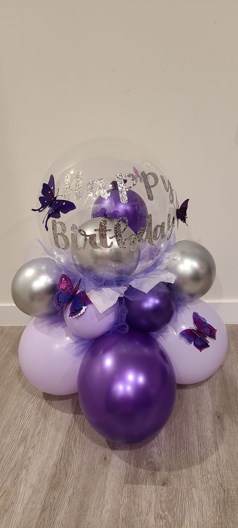 Butterfly Balloon Centerpiece, Purple Birthday Balloon Ideas, Small Balloon Bouquet, Purple Butterfly Birthday Decorations, Purple Balloon Bouquet, Butterfly Balloon Bouquet, Purple Butterfly Theme Birthday Party Decoration, Purple Ballon Arrangement, Butterfly Balloons Purple