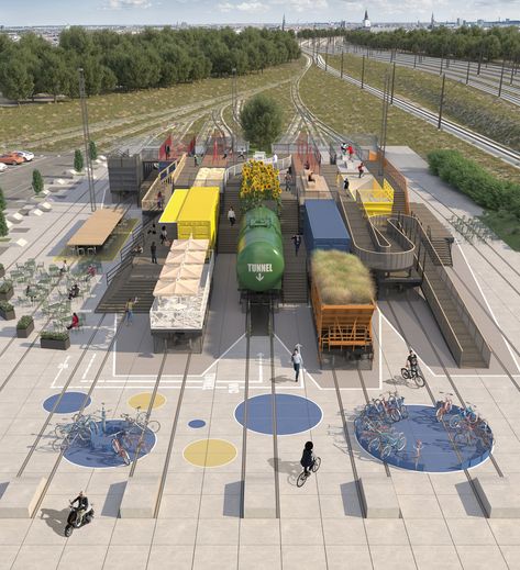 Gallery of Illya Rastvorov Transforms a Copenhagen Railway Depot into a Colorful Playground - 6 Colorful Playground, Playgrounds Architecture, Landscape Design Drawings, Public Space Design, Outdoor Park, Railway Museum, Industrial Park, Landscape And Urbanism, Architecture Rendering