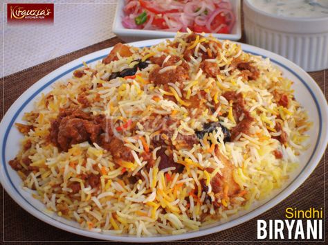 Sindhi Biryani - Fauzia’s Kitchen Fun Sindhi Biryani Recipe, Spicy Biryani, Sindhi Biryani, Savoury Rice, Beef Biryani, Burner Workout, Cucumber Raita, Indian Rice Recipes, Pakistani Recipes