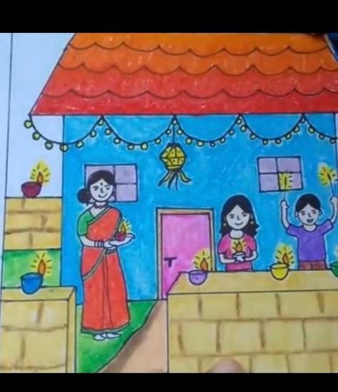 Drawing Of Diwali, Diwali Drawing For Kids, Drawing For Children, Diwali Drawing, Ganesh Art Paintings, Ganesh Art, Elementary Art Projects, Drawing For Beginners, Beautiful Picture