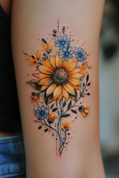 Humming Bird Tattoo Watercolor, Long Sunflower Tattoo, Blue Lillies Tattoo, Lantern Tattoos For Women, Sunflower Tattoo Colorful, Oopsie Daisy Tattoo, Sunflower Bee Tattoo Design, Healing Flower Tattoo, Tattoo Ideas Female With Color