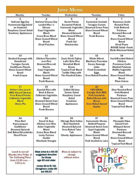 Monthly Meals Menu – Benzie Senior Resources Mediterranean Pyramid, Meals For Seniors, National Egg Day, Monthly Meals, Senior Meals, Monthly Menu, Meal Planning Menus, Cheese Day, Senior Center