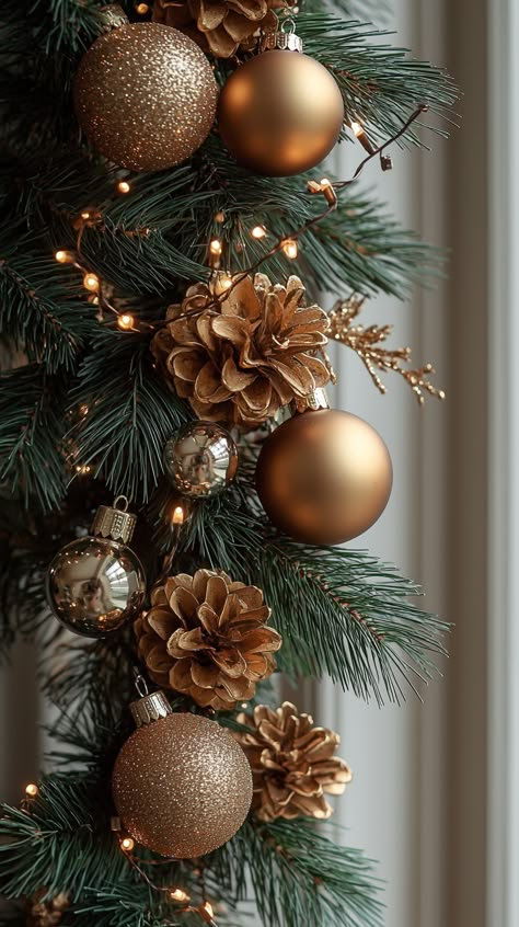 Bronze Christmas Tree Topper, Glamour Christmas Decor, Elegant Christmas Wallpaper, Woodland Theme Christmas, Green Gold Wallpaper, Happy New Year Logo, Elegant Christmas Decorations, Creative Christmas Decorations, New Year Logo