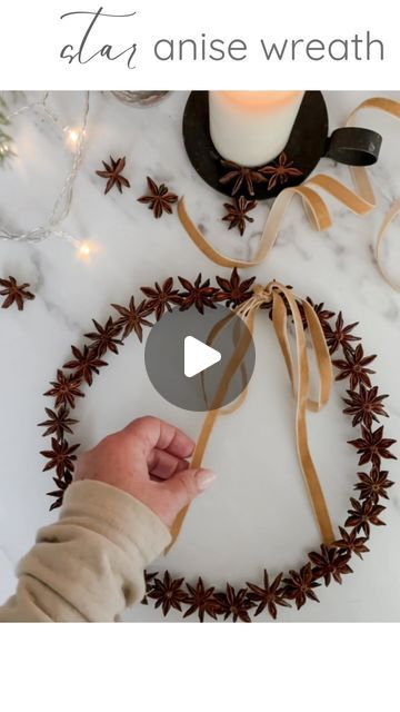 Dawnalee | Home + Lifestyle in Kelowna, BC on Instagram: "As a gift or as decor⤵️  Your season can be magical without the chaos. Let’s embrace simplicity!  You don’t need much for this easy,  yet beautiful wreath that smells amazing too!  Supplies needed:  •Wire to shape into a circle. I used florist wire. •Star Anise. I used 24 for a 8.5” diameter wreath. I bought mine at @bulkbarnfoods  •Glue gun •Ribbon of choice  Directions: 1.  Start by forming your star anise into a circle to help determine how much wire you need.   2. Take your your wire and twist into a circle. I used pliers to make sure it didn’t come undone where the two ends met.  3.  Hot glue each star onto the wire. I found holding each one on the wire until the glue started to cool helped set them and keep them in place.  4. Star Anise Wreath Diy, Star Anise Christmas Decoration, Star Anise Wreath, Anise Wreath, Wire Star, Star Wreath, Kelowna Bc, Come Undone, Star Anise