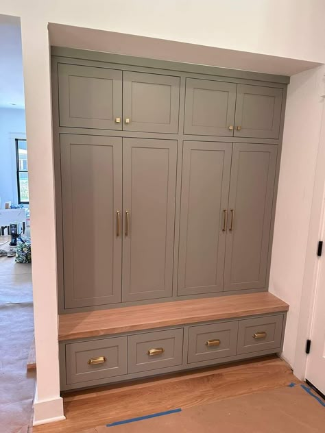 Mudroom With Closet And Bench, Drop Zone With Cabinets, Mudroom Cabinets With Countertop, Mudroom Open Lockers, Drop Zone Lockers, Mudroom Cabinet Ideas, Built In Mud Room, Entry Mudroom Ideas, Entryway Closet Ideas