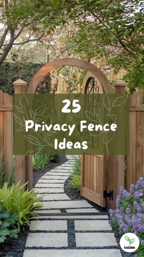 A wooden privacy fence gate with an arched design and decorative iron accents, leading into a cozy garden path. Fence And Gates Ideas, Lattice Fences And Gates, Fence With Gate Backyards, Fence Gate Arbor, Decorative Fence Gate, Front Fence And Gate Ideas, Garden Fences And Gates Backyard Ideas, Nice Fence Ideas, Wooden Fences And Gates Backyards