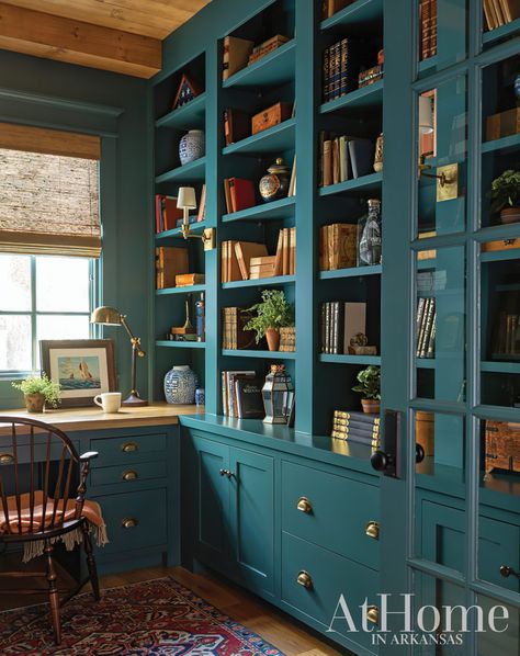 Teal Built In Bookcase, North Sea Green, Barley Twist Furniture, Interior Design Antique, Designing A Living Room, Styled Shelves, House Library, Home Office Library, Library Inspiration