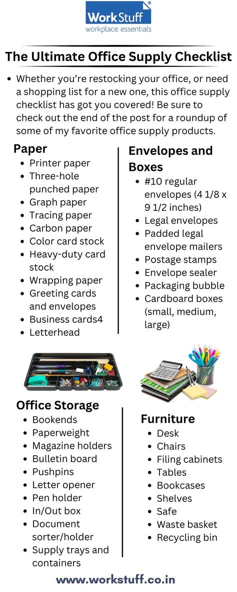 Desk Checklist, Office Supplies Organization, Office Supplies Checklist, Office Ideas For Work, Office Supplies List, Office Things, Edward Jones, Essential Office Supplies, Work Cubicle