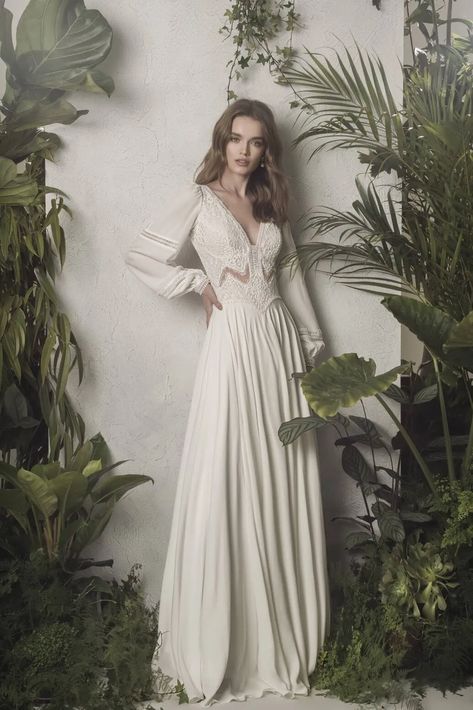 Garden Spirit – Inbar Freiman Bridal 40s Wedding Dress Long Sleeve, Artsy Wedding Dresses, Slavic Wedding Dress, Scandinavian Wedding Dress, Wedding Dress Viking, 70s Style Wedding Dress, V Neck Boho Wedding Dress, Boho A Line Wedding Dress, Inbar Freiman