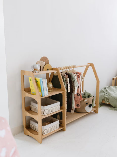 Organize your child’s space with this Montessori-inspired clothing rack and shelf set. Designed for toddlers, the low height and open design make it easy for children to access their clothes, toys, and books. The sturdy build ensures long-lasting use, while the minimalist design fits perfectly in any nursery or kids' room. Montessori Clothing Rack and Shelf, Toddler Furniture Set, Wooden Nursery Storage, Kids' Room Organizer, Montessori Design, Child-Accessible Furniture, Nursery Shelf. Montessori Shelves, Montessori Shelf, Kids Clothing Rack, Baby Dresser, Toy Shelves, Montessori Furniture, Nursery Shelves, Kids Dressers, Nursery Room Inspiration