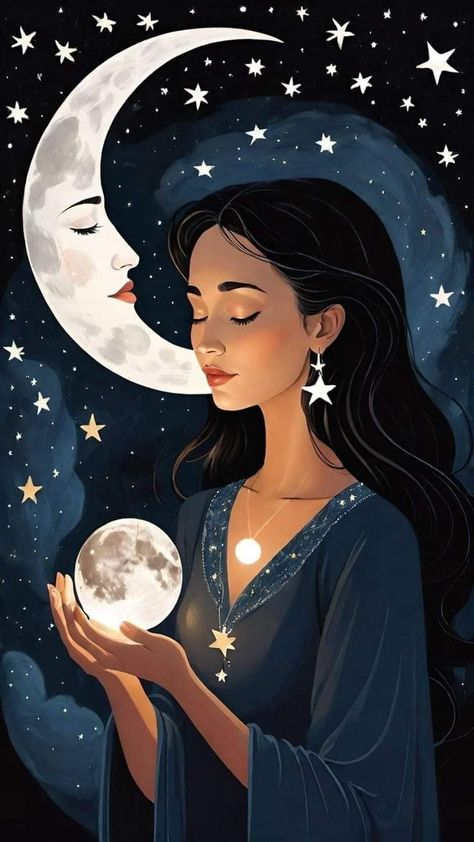 Illustration Kunst, Gems Art, Girly Art Illustrations, Arte Fantasy, Art And Illustration, Dreamy Art, Moon And Stars, Moon Art, Spiritual Art