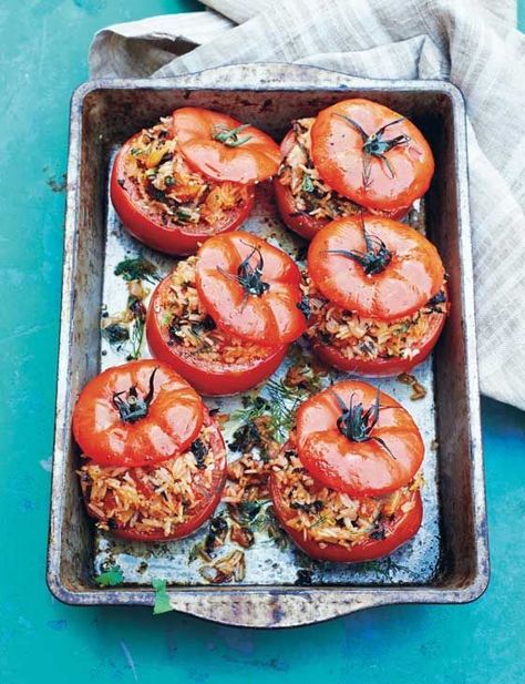 Greek rice-stuffed tomatoes - a gorgeous summer side, makes a lovely vegan main dish too! Greek Rice, Stuffed Tomatoes, Greek Cooking, Vegan Main Dishes, Greek Dishes, Tomato Recipes, Veggie Dishes, Greek Recipes, Mediterranean Recipes