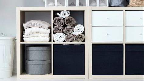 Upgrade your shelves with these clever DIYs. Ikea Storage Boxes, Dressing Ikea, Ikea Kallax Shelving, Ikea 2015, Ikea Kallax Shelf, Kallax Shelving Unit, Open Shelving Units, Ikea Kallax Hack, Cube Storage Unit