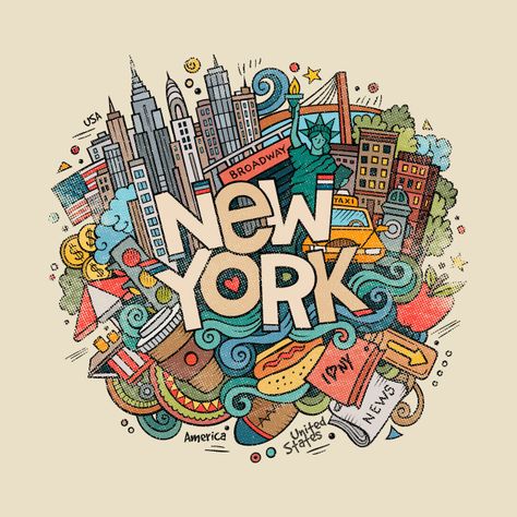 New York Tshirt Design, New York Cartoon, New York City Illustration, New York Souvenirs, New York Tshirt, New York Drawing, Square Drawing, Skyline Sunset, New York Theme