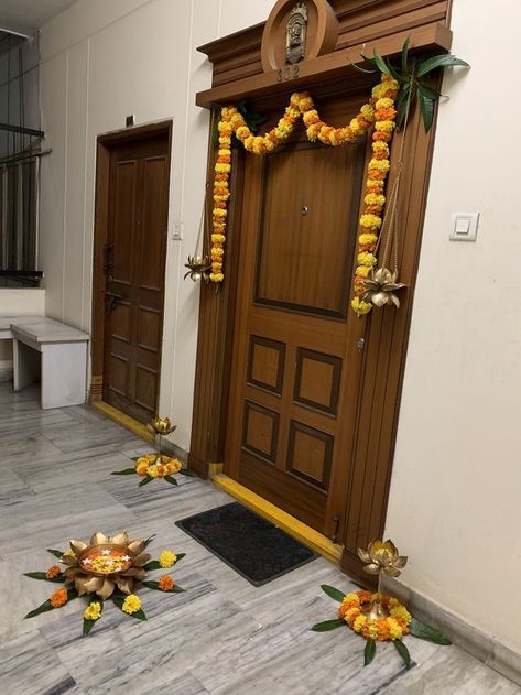 Home Entrance Festive Decor, Gruhpravesh Decoration, Diwali Decorations At Home Entrance Door, Deepavali Decorations At Home, Dipawali Decoration, Diwali Decorations At Home Entrance, Decorate Door, Home Flower Decor, Rangoli Designs Simple Diwali