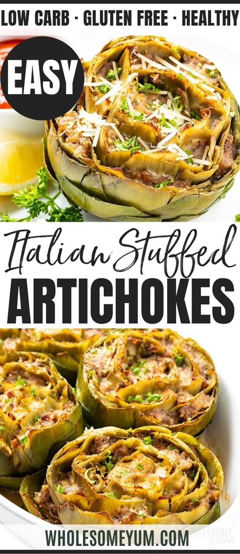 Italian Stuffed Artichokes, Recipe With Sausage, Stuffed Artichokes, Sausage Parmesan, Baked Artichoke, Low Carb Meal, Artichoke Recipes, Keto Side Dishes, Makanan Diet