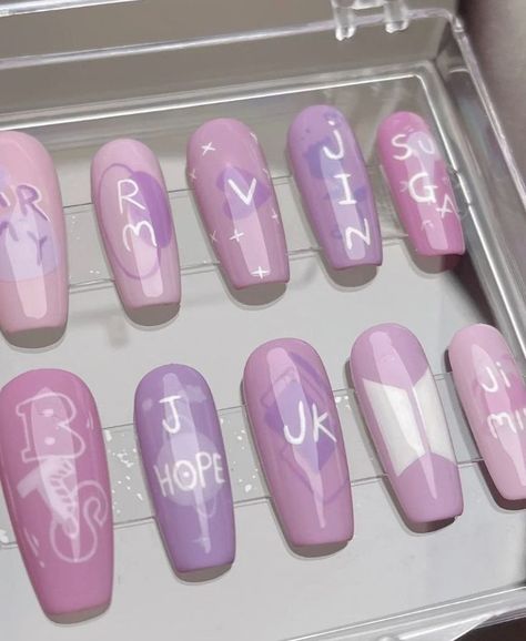 Bts Nails, Army Nails, K Pop Nails, Fake Nails Designs, Bts Birthdays, Korean Nails, Bts Aesthetic Wallpaper For Phone, Pretty Gel Nails, Nail Idea