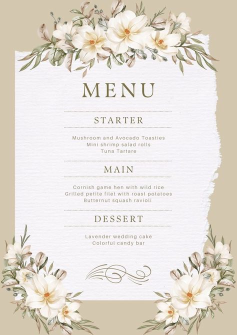 wedding menu design template wedding menu template free download wedding menu template wedding menu ideas wedding card aesthetic elegant canva templates canva template ideas aesthetic canva templates wedding canva elements ideas wedding wedding menu template free printables wedding menu cards wedding menu cards rustic wedding menu design elegant wedding menu floral aesthetic menu design wedding bridal shower menu ideas menu wedding cards menu wedding ideas Wedding Card Aesthetic, Menu Wedding Ideas, Aesthetic Menu Design, Menu Wedding Cards, Menu Design Wedding, Colorful Candy Bar, Wedding Menu Ideas, Rustic Wedding Menu, Lavender Wedding Cake