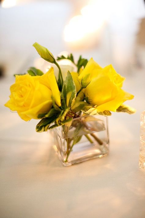 yellow-centerpieces simple and small scale add the L etched in vase..... Yellow Wedding Centerpieces, Yellow Centerpieces, Cheap Wedding Flowers, Small Centerpieces, Wedding Table Flowers, 50th Wedding Anniversary, Yellow Wedding, Center Pieces, Table Flowers