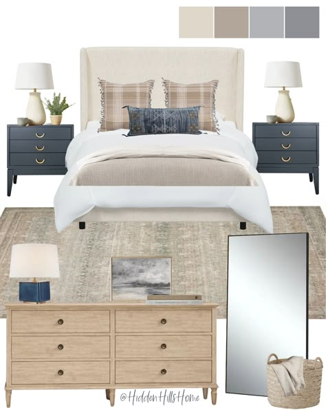 Navy Bedding Master, Master Bedrooms Decor Modern Coastal, Bedroom With Navy Rug, Navy Upholstered Bed Decor Ideas, Master Mood Board, Navy And White Master Bedrooms Decor, Bedrooms With Beige Headboard, Mood Board Master Room, Navy And Beige Bedroom Ideas