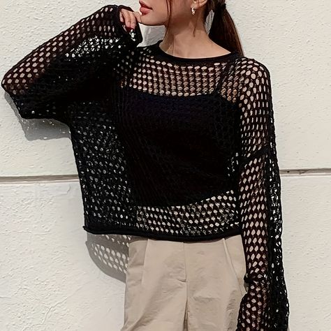 Faster shipping. Better service Off Shoulder Tops Outfit, Light Alternative Fashion, Fishnet Sweater Outfit, Fishnet Top Outfit Long Sleeve, Black Crochet Top Outfit, Crochet Black Top, Crochet Tops For Women, Net Clothes, Fishnet Long Sleeve Top