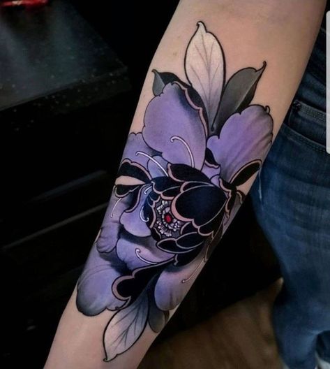 Purple Peonies Tattoo, Peony Tattoo Purple, Neo Trad Peony Tattoo, Black And Purple Flower Tattoo, Heavy Shaded Tattoos, Peony Neotraditional Tattoo, Black And Purple Tattoos, Color Back Tattoo, Blackout Flower Tattoo