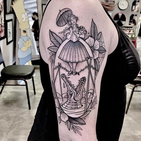 Haunted Mansion Tightrope Walker Tattoo, Goth Disney Tattoo, Spooky Shoulder Tattoo, Halloween Arm Tattoo, Traditional Style Disney Tattoo, Spooky Flowers Tattoo, Spooky Disney Tattoo, Disney Shoulder Tattoo, Haunted Mansion Tattoos