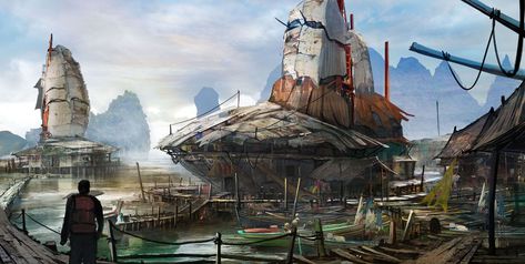 ArtStation - Fishing village, Dickson Xie Sci Fi Environment, Sf Art, Sci Fi Ships, Star Wars Rpg, The Old Republic, Star Wars Ships, Concept Artist, Science Fiction Art, Space Opera