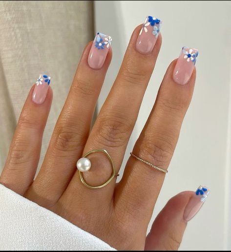 Blue Nails With White Flowers, Greece Holiday Nails, Greece Nail Ideas, Thailand Nails, Glitter French Nails, Natural Nails Manicure, Violet Nails, Builder Gel Nails, Summer Gel Nails