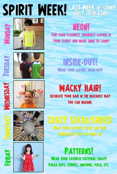 Last Week of Camp = Spirit Week! — Art Trek Spirit Week Ideas For Preschoolers, Prek Spirit Week Ideas, Spirit Day Themes Elementary, Spirit Week Themes Preschool, Theme Dress Up Days Spirit Weeks, Summer Dress Up Days For School, End Of Year Spirit Week Ideas, Opposite Day Ideas For Spirit Week, Spirit Week For Preschool