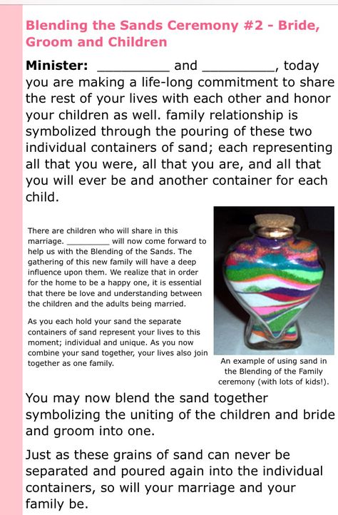 Template for unity sand and blended family Blended Family Sand Ceremony Script, Unity Sand Ceremony With Kids, Blended Family Wedding Ceremony Ideas, Blended Family Wedding Ceremony, Blended Family Sand Ceremony, Blended Family Photos, Fall Wedding Ceremony Decorations, Ceremony Template, Script Template