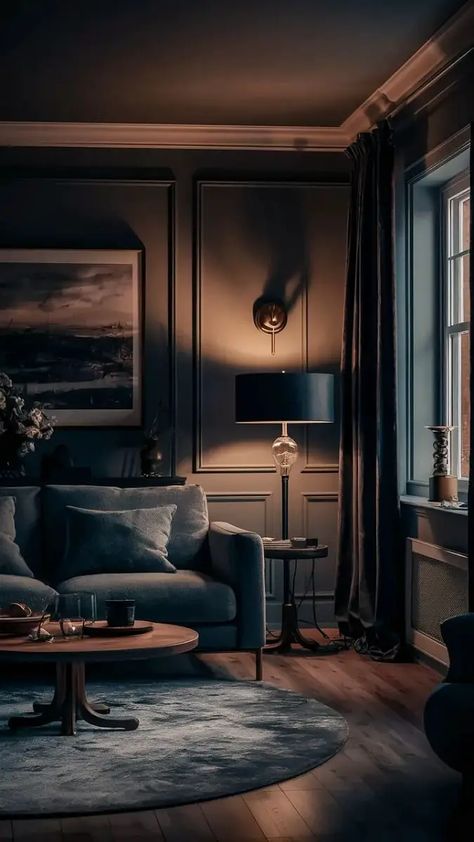 40 Dark and Moody Living Room Ideas - Home Soils Dark Moody Modern Living Room, Moody Living Room Navy Couch, Dark Living Room Wallpaper, Small Living Room Dark Walls, Dark And Moody Interior Design, Light Moody Living Room, Cosy Dark Living Rooms, Moody Romantic Living Room, Dark Sitting Room